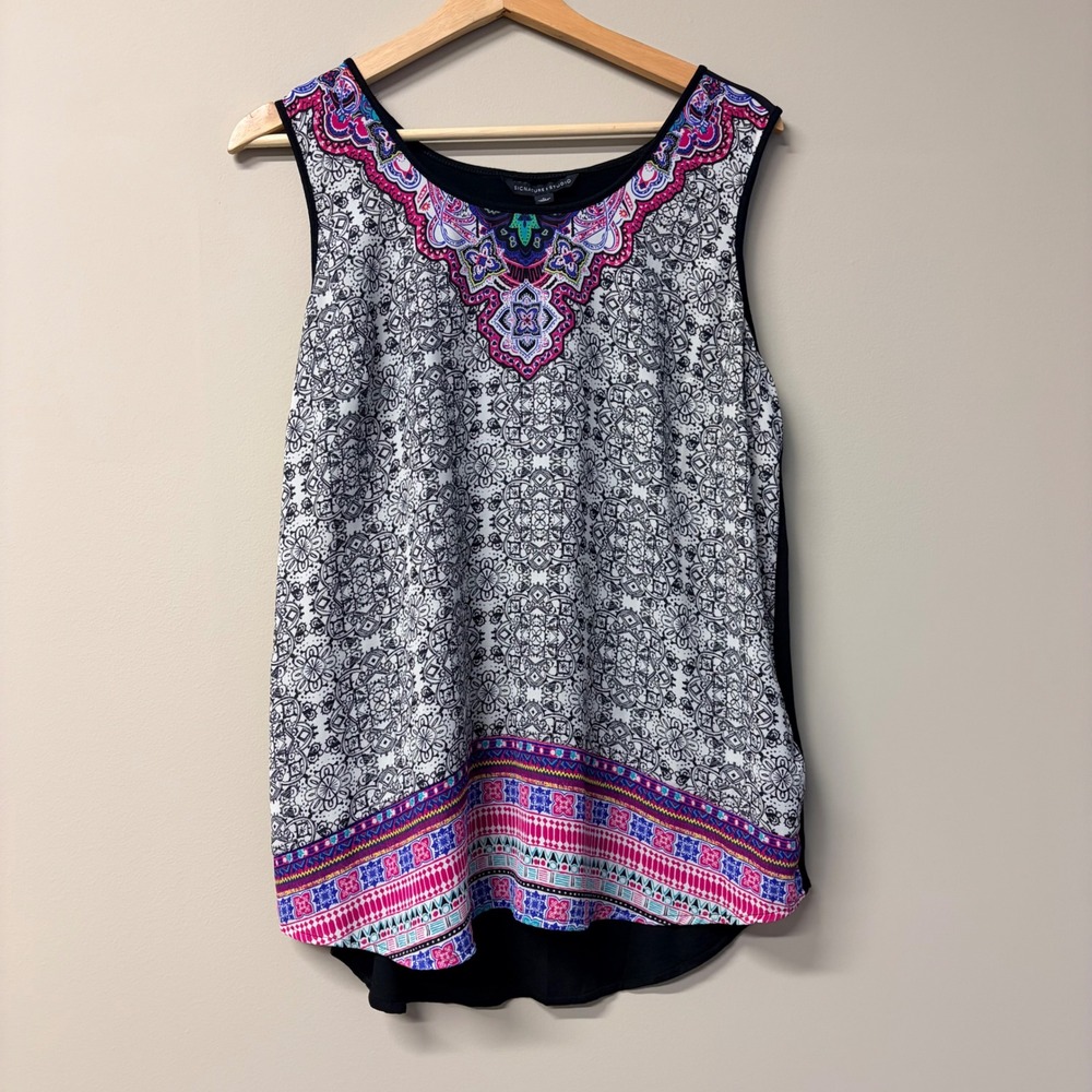 Signature Studio Womens Sleeveless Mixed Print Blouse Medallion Scoop Neck Large